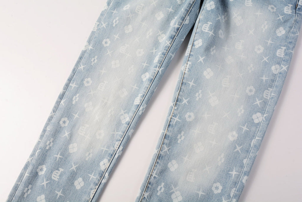 PURPLE  Men Streetwear Skinny Jeans Light Blue Wash with All - Over Pattern Print 9089