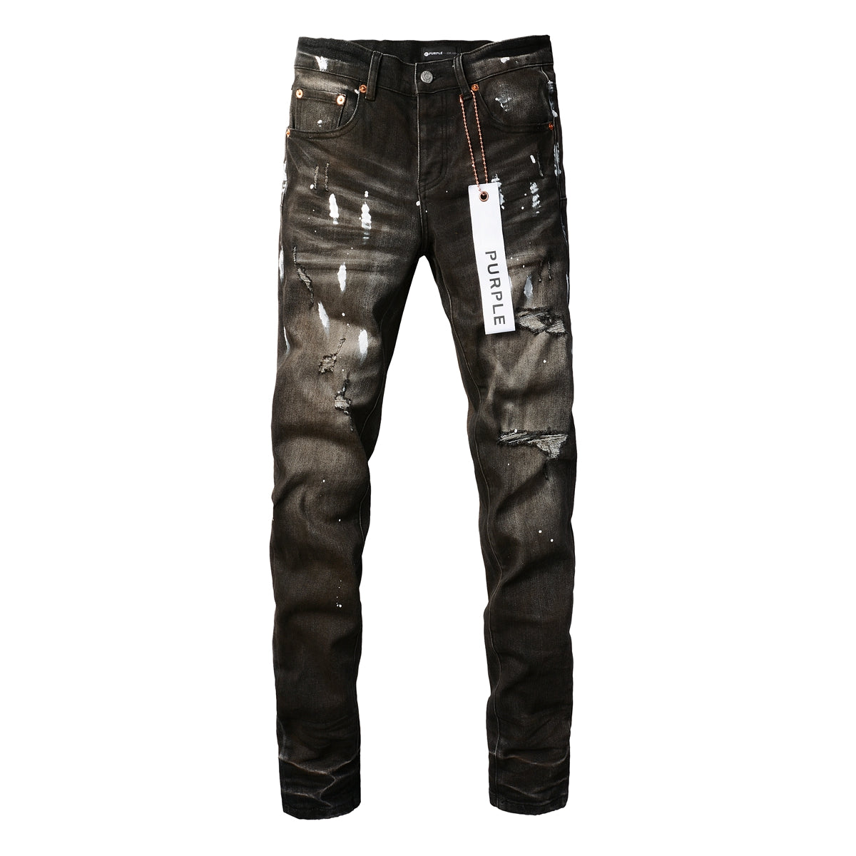 PURPLE  Men Streetwear Skinny Jeans Dark Gray Wash with White Paint Splatter and Distressed Rips 9030