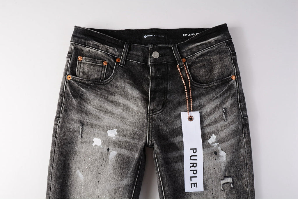 PURPLE  Men Streetwear Skinny Jeans Dark Gray Wash with White Paint Splatter and Distressed Rips 9032