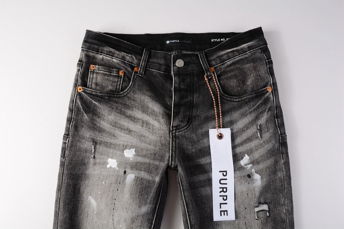 PURPLE  Men Streetwear Skinny Jeans Dark Gray Wash with White Paint Splatter and Distressed Rips 9032