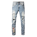 PURPLE  Men Streetwear Jeans Light Blue Ripped Graffiti Print Distressed skinny 9101