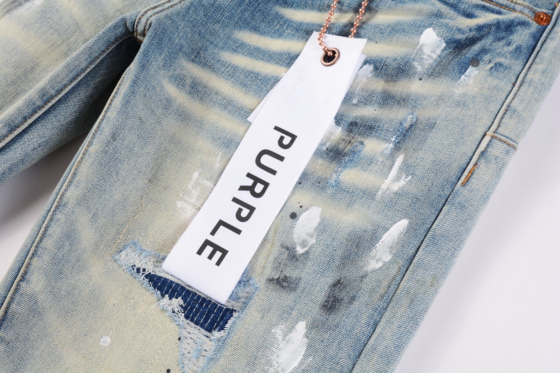 PURPLE  Men Streetwear Skinny Jeans Light Blue Wash with White Paint Splatter and Distressed Rips 9007