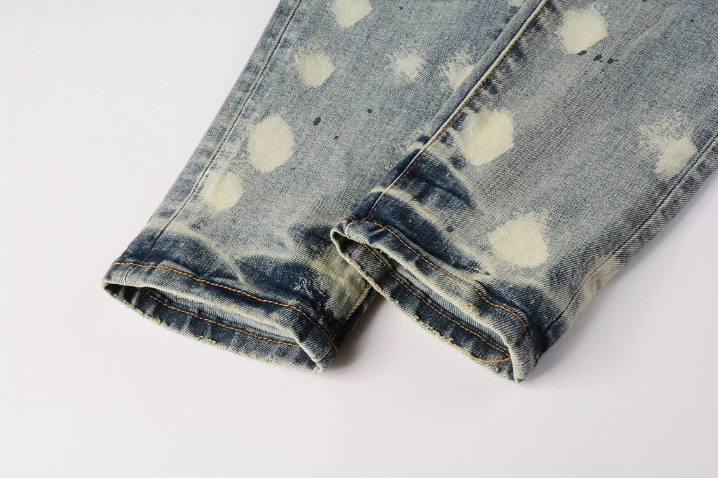 PURPLE   Men Streetwear Jeans Distressed Light Blue Paint Dot Ripped skinny 9092