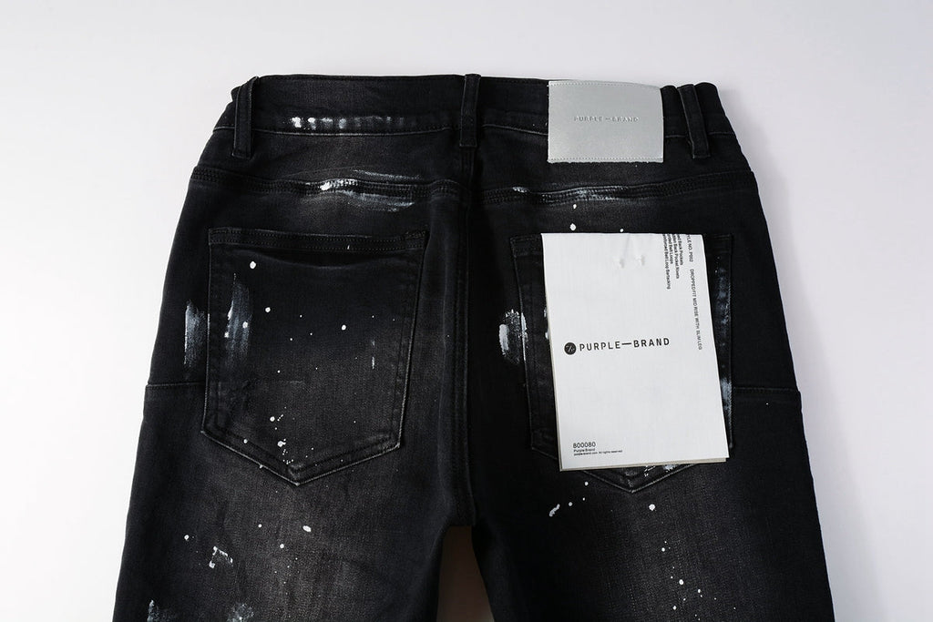 PURPLE   Men Streetwear Skinny Jeans Black Fade Wash with White Paint Splatter and Distressed Rips 9002
