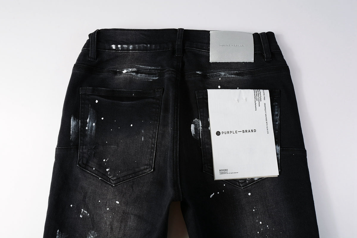 PURPLE   Men Streetwear Skinny Jeans Black Fade Wash with White Paint Splatter and Distressed Rips 9002