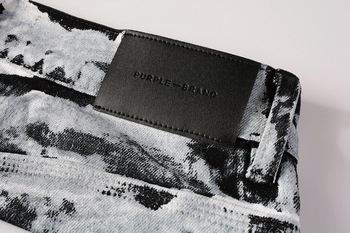 PURPLE  Men Streetwear Skinny Jeans Black and White Graffiti Wash with Multi - Color Paint Accents 9020