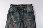 PURPLE  Men Streetwear Skinny Jeans Light Blue Wash with Red - Patched Distressed Details 9114
