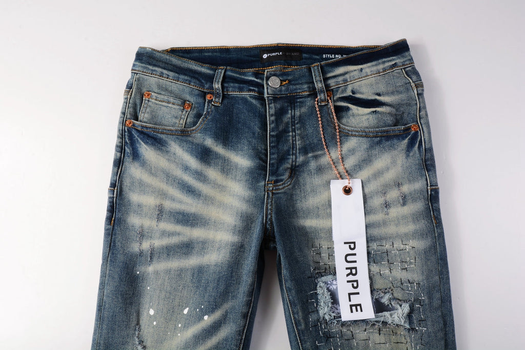 PURPLE  Men Streetwear Jeans Distressed Blue PatchPaint skinny Fit 9025