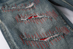 PURPLE  Men Streetwear Skinny Jeans Light Blue Wash with Red - Patched Distressed Details 9114