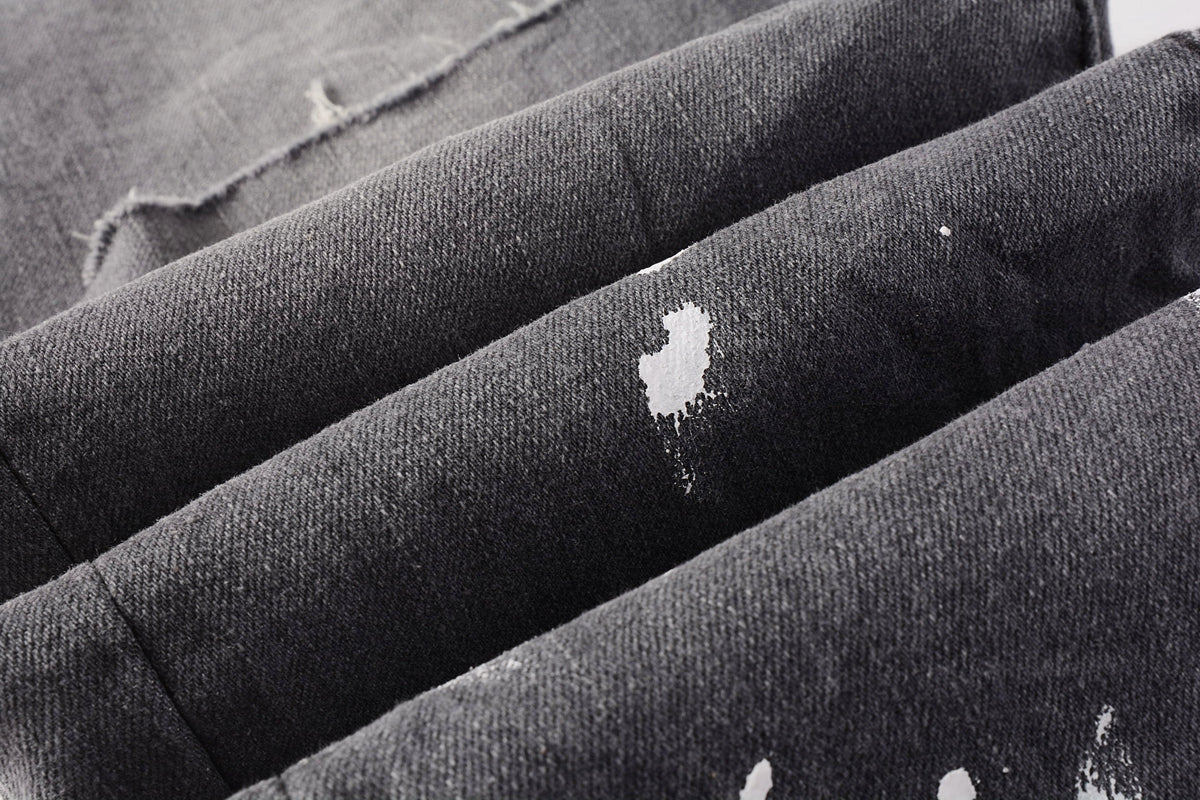 PURPLE  Men Streetwear Skinny Jeans Dark Gray Wash with Knee Rips and White Paint Splatter 9039