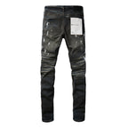 PURPLE  Men Streetwear Skinny Jeans Dark Gray Wash with White Paint Splatter and Brush Strokes 9036