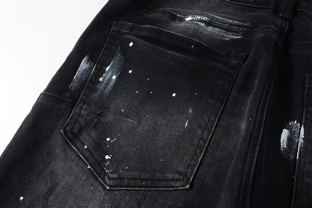 PURPLE   Men Streetwear Skinny Jeans Black Fade Wash with White Paint Splatter and Distressed Rips 9002