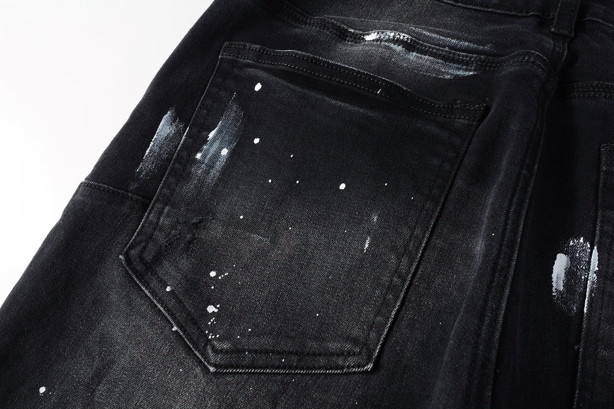 PURPLE   Men Streetwear Skinny Jeans Black Fade Wash with White Paint Splatter and Distressed Rips 9002