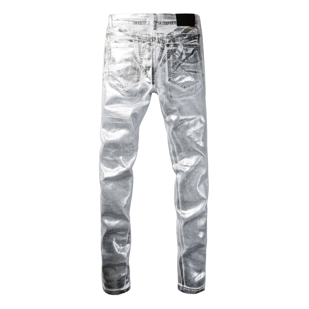 PURPLE  Men Streetwear Jeans Metallic Silver Coated Finish with Futuristic Shine Skinny Fit Statement 9110
