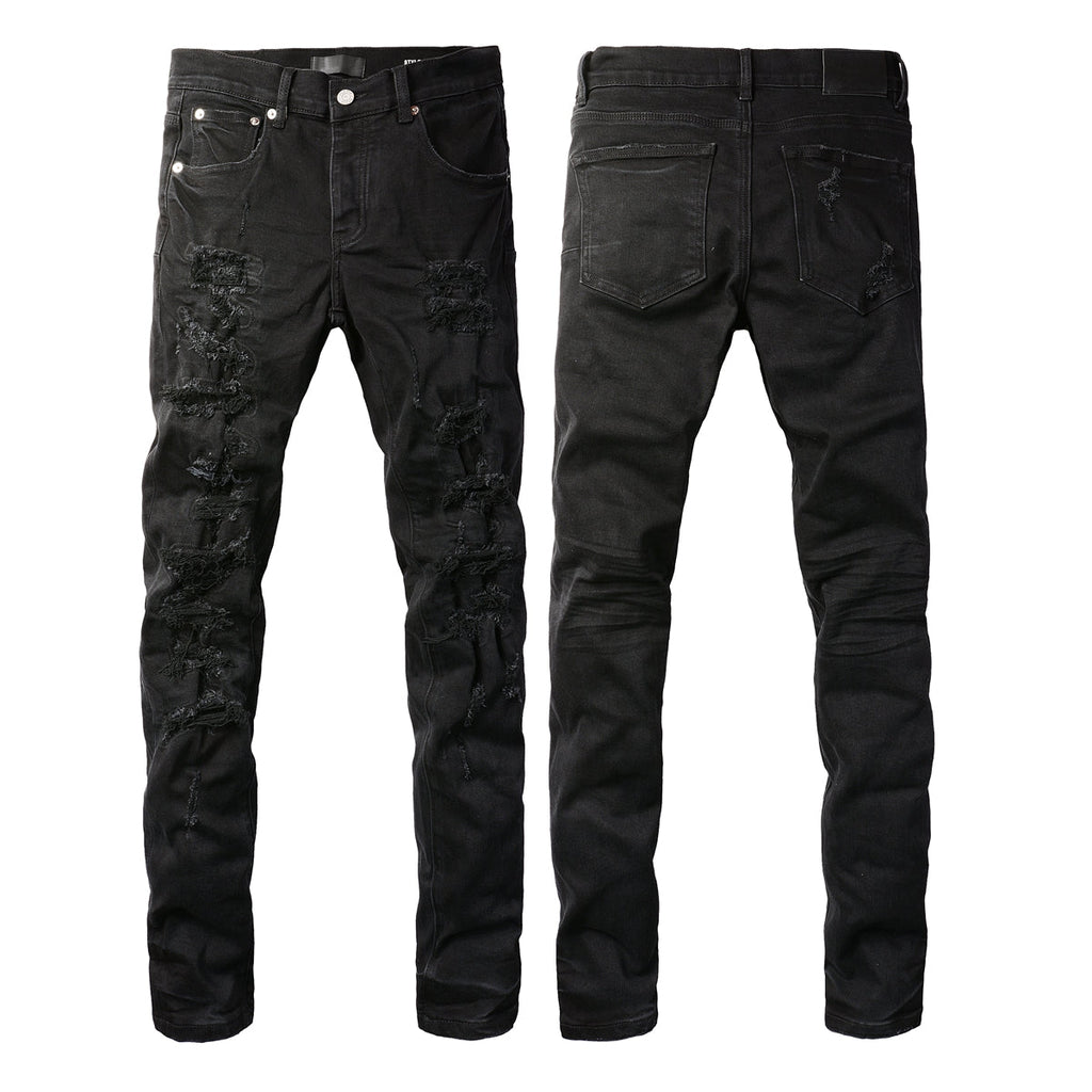 PURPLE  Men Distressed Black Skinny Jeans with Heavy Ripped Design and Grunge Streetwear Vibe 9108