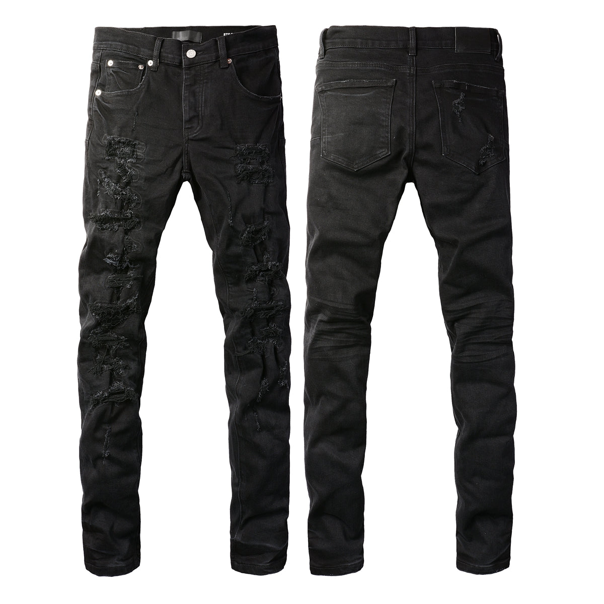 PURPLE  Men Distressed Black Skinny Jeans with Heavy Ripped Design and Grunge Streetwear Vibe 9108