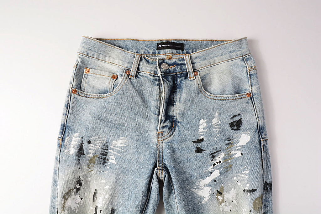PURPLE  Men Streetwear Jeans Light Blue Paint Splash Distressed Ripped skinny 9100