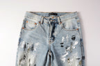 PURPLE  Men Streetwear Jeans Light Blue Paint Splash Distressed Ripped skinny 9100