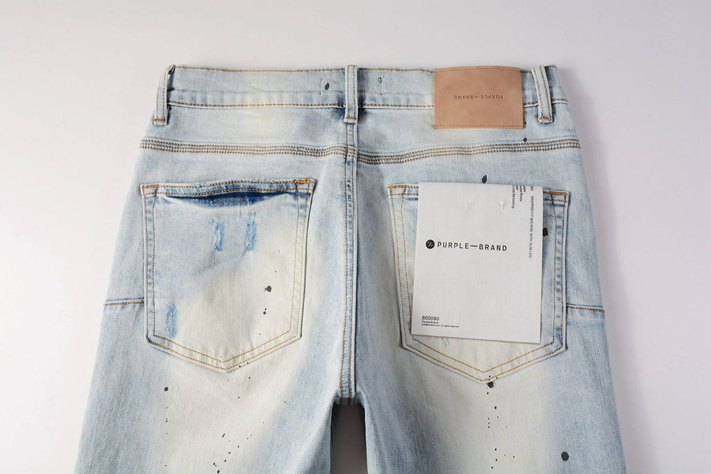 PURPLE  Men Streetwear Skinny Jeans Light Blue Wash with White Paint Splatter and Subtle Distress 9006