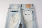 PURPLE  Men Streetwear Skinny Jeans Light Blue Wash with White Paint Splatter and Subtle Distress 9006