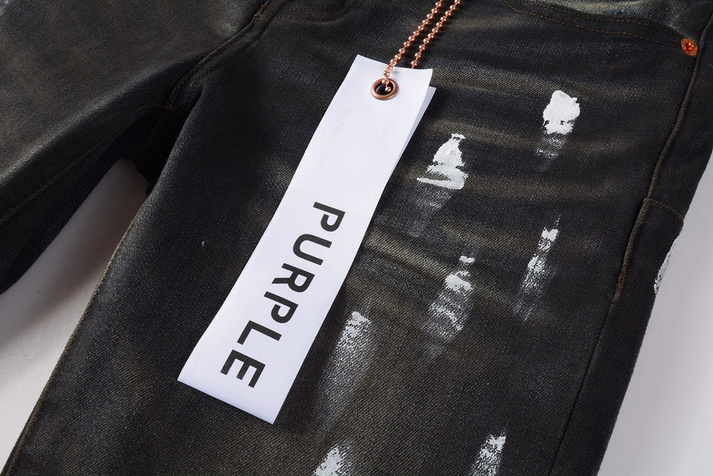 PURPLE  Men Streetwear Skinny Jeans Dark Gray Wash with White Paint Splatter and Brush Strokes 9036