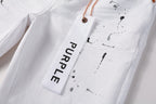 PURPLE   Men Streetwear Skinny Jeans White Wash with Black Paint Splatter and Distressed Rip 9021