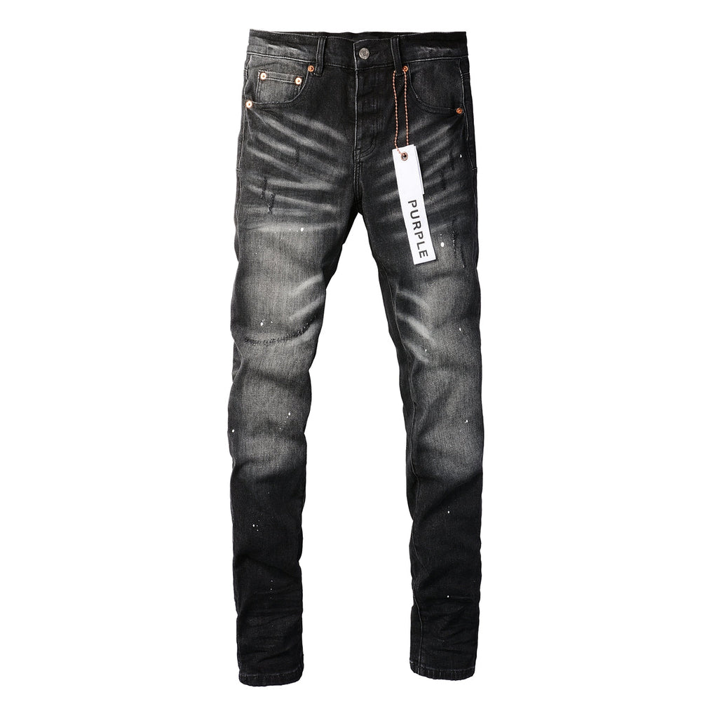 PURPLE   Men Streetwear Skinny Jeans Black - Gray Fade Wash with White Paint Specks 9027