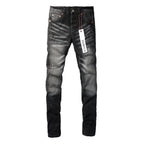 PURPLE   Men Streetwear Skinny Jeans Black - Gray Fade Wash with White Paint Specks 9027