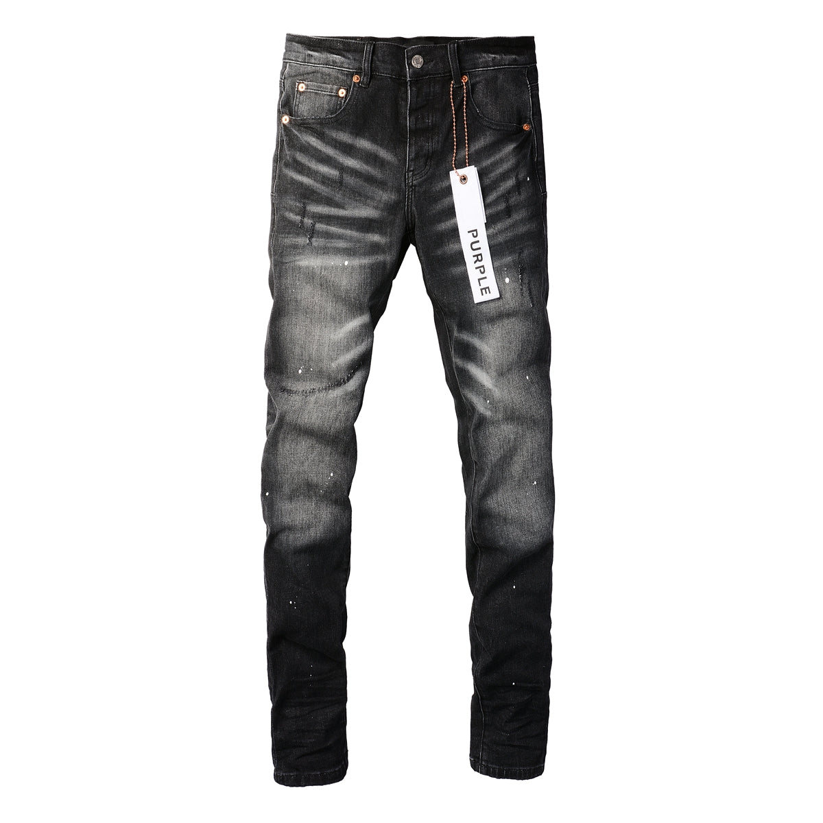 PURPLE   Men Streetwear Skinny Jeans Black - Gray Fade Wash with White Paint Specks 9027