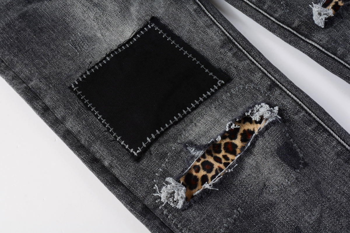 PURPLE  Men Classic Streetwear Jeans Distressed Grey Ripped skinny Fit 9103