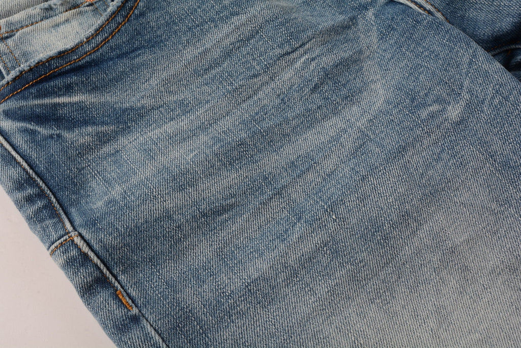 PURPLE  Men Streetwear Skinny Jeans Light Blue Wash with Faded Gradient Finish 9016