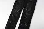PURPLE  Men Streetwear Skinny Jeans Black Wash with Distressed Details and Multi - Color Paint Splash 9121
