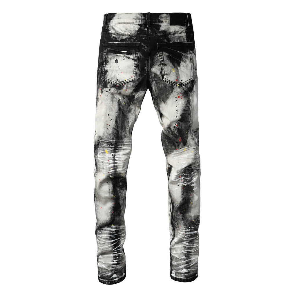 PURPLE  Men Streetwear Skinny Jeans Black and White Graffiti Wash with Multi Color Paint Splash 9111
