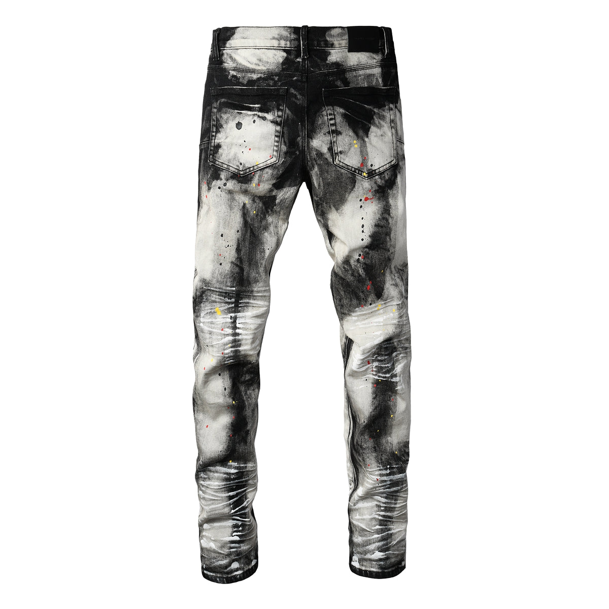 PURPLE  Men Streetwear Skinny Jeans Black and White Graffiti Wash with Multi Color Paint Splash 9111