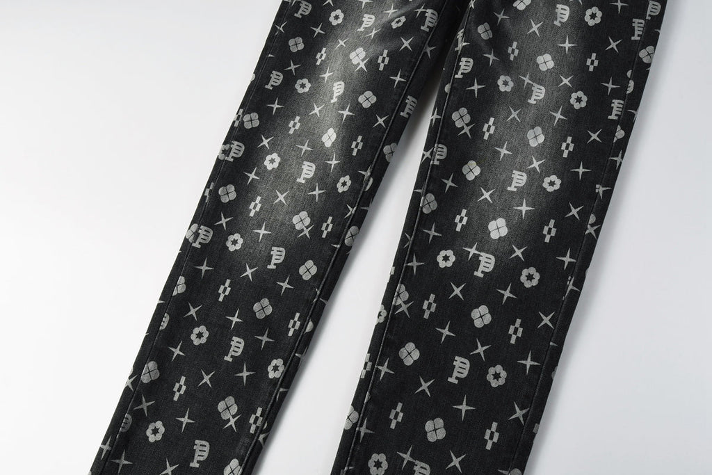 PURPLE  Men Classic Street Skinny Jeans Dark Grey Monogram Print All Over Distressed Style 9112