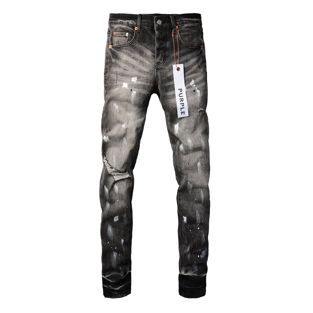 PURPLE  Men Streetwear Skinny Jeans Dark Gray Wash with White Paint Splatter and Distressed Rips 9032