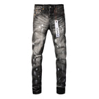 PURPLE  Men Streetwear Skinny Jeans Dark Gray Wash with White Paint Splatter and Distressed Rips 9032