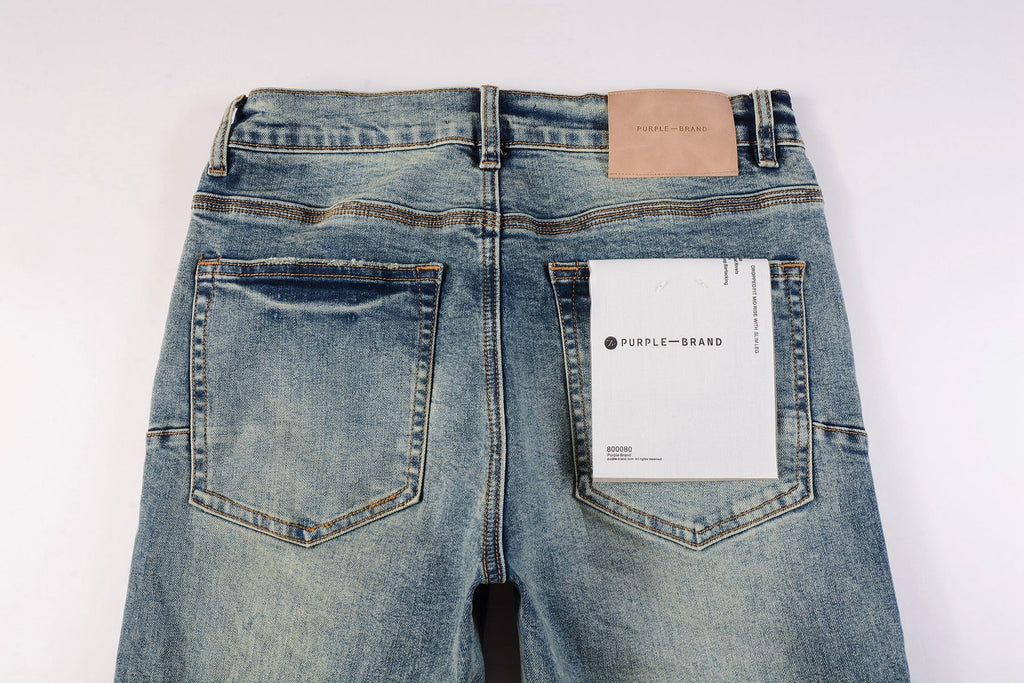 PURPLE  Men Streetwear Skinny Jeans Light Blue Wash with Patchwork Distressed Details 9015