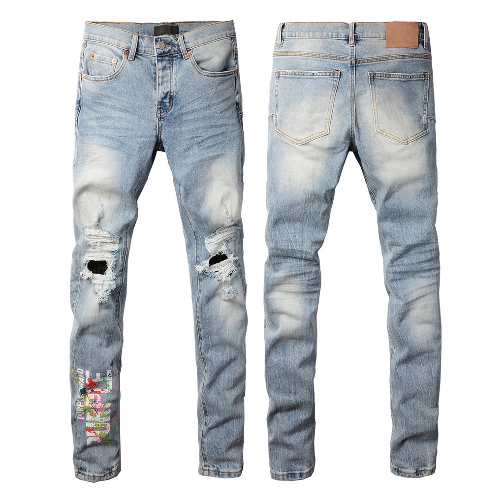PURPLE  Men Streetwear Jeans Light Blue Ripped Graffiti Print Distressed skinny 9101