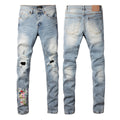 PURPLE  Men Streetwear Jeans Light Blue Ripped Graffiti Print Distressed skinny 9101