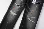 PURPLE  Men Streetwear Skinny Jeans Dark Gray Wash with Distressed Rips and Multi-Color Paint Splatter 9018