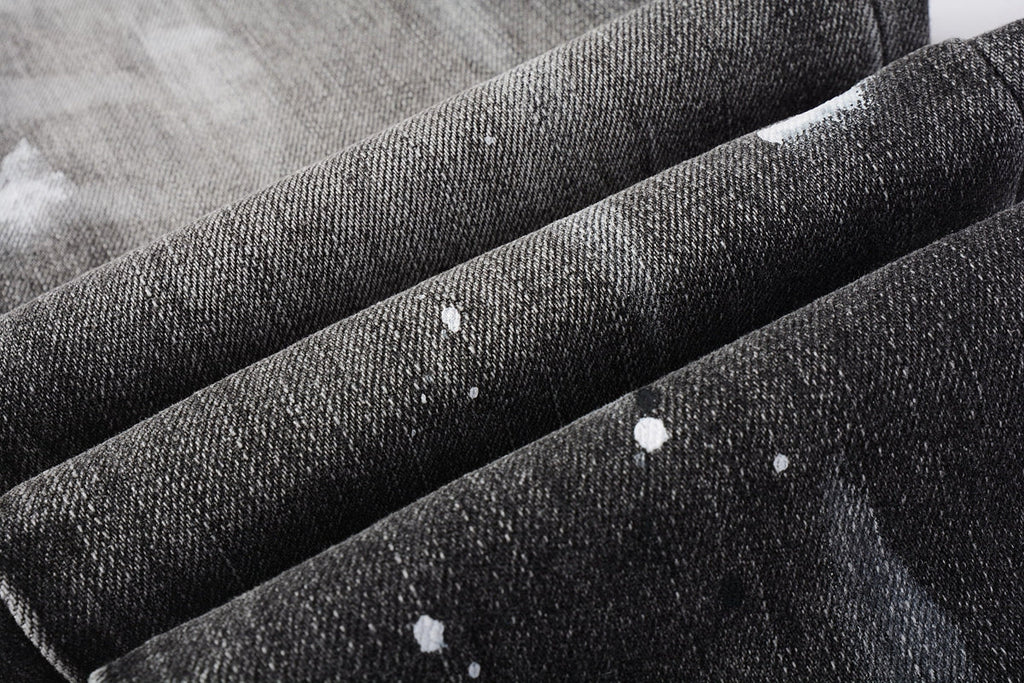 PURPLE  Men Streetwear Skinny Jeans Dark Gray Wash with White Paint Splatter and Distressed Rips 9032