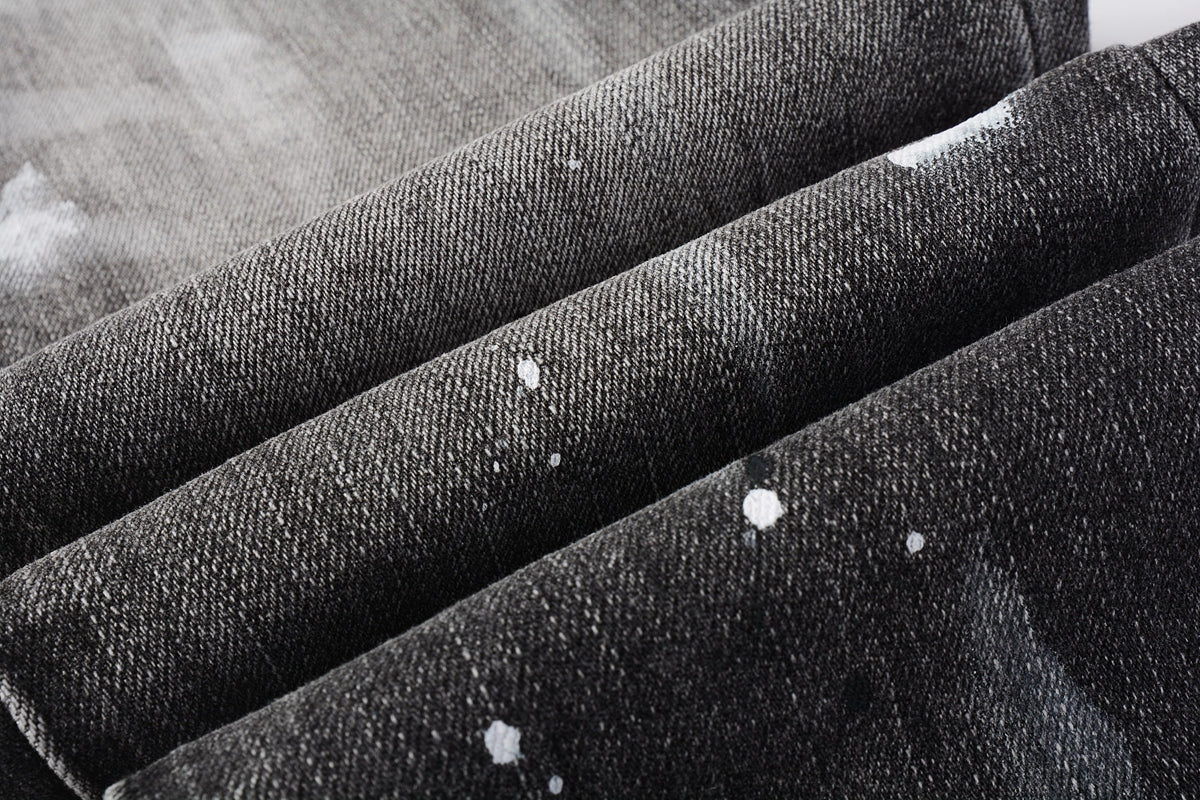 PURPLE  Men Streetwear Skinny Jeans Dark Gray Wash with White Paint Splatter and Distressed Rips 9032