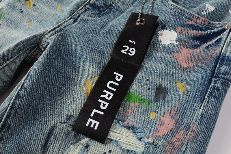 PURPLE  Men Streetwear Skinny Jeans Light Blue Wash with Multi-Color Paint Splatter and Distressed Rips 9072