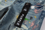 PURPLE  Men Streetwear Skinny Jeans Light Blue Wash with Multi-Color Paint Splatter and Distressed Rips 9072
