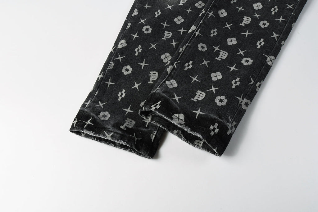 PURPLE  Men Classic Street Skinny Jeans Dark Grey Monogram Print All Over Distressed Style 9112