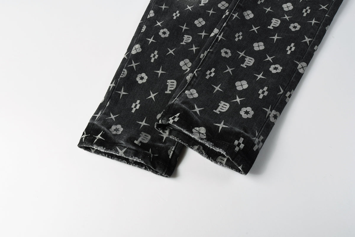 PURPLE  Men Classic Street Skinny Jeans Dark Grey Monogram Print All Over Distressed Style 9112