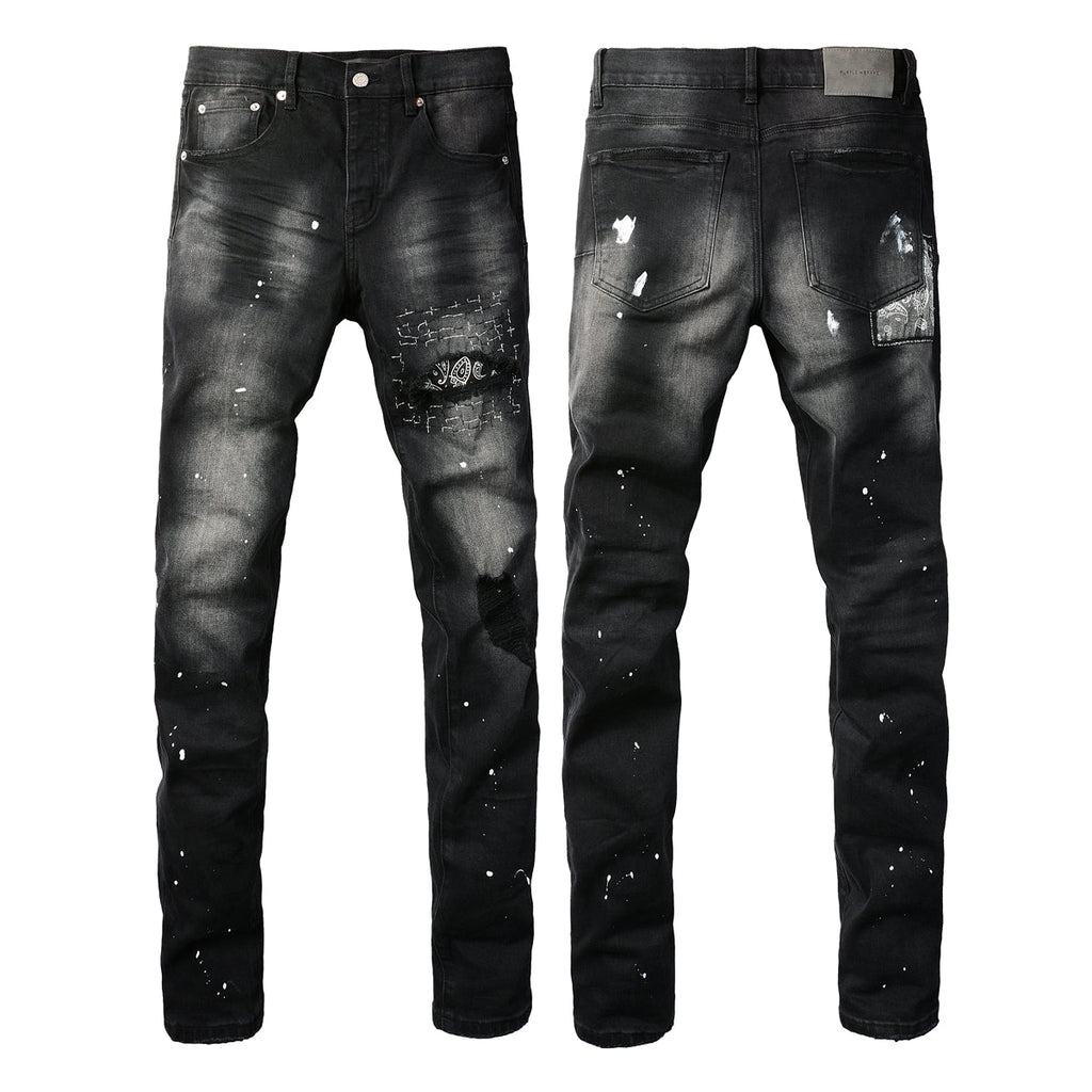 PURPLE  Men Streetwear Jeans Distressed Black Paint Splash Patch Ripped skinny 9099