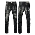 PURPLE  Men Streetwear Jeans Distressed Black Paint Splash Patch Ripped skinny 9099