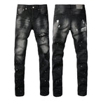 PURPLE  Men Streetwear Jeans Distressed Black Paint Splash Patch Ripped skinny 9099